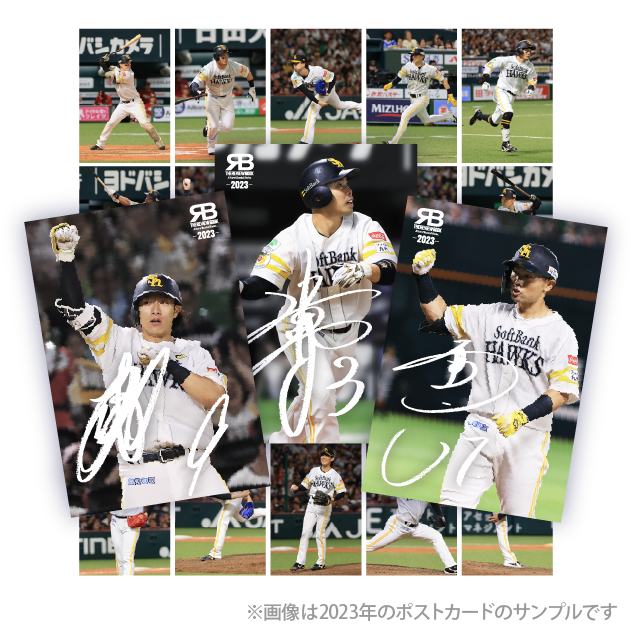 オリジナル選手ポストカード3枚と、ホークスロゴのカード裏面（2023年のサンプル）